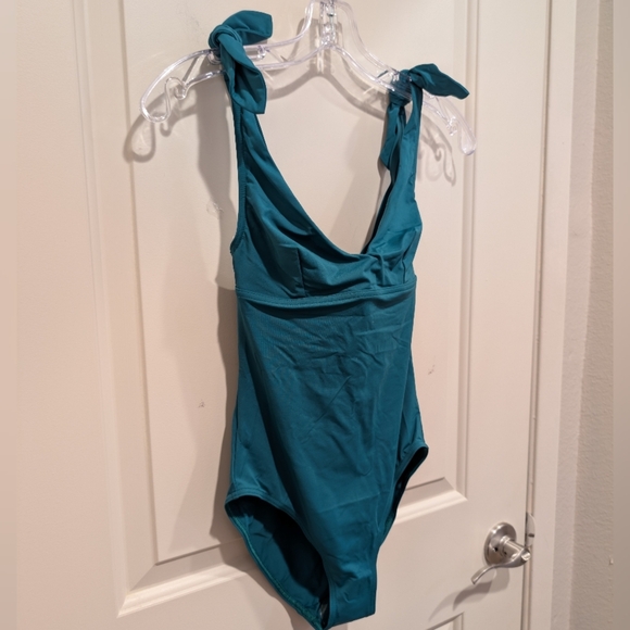 MAISON LEJABY Norma Jeane Knotted One-piece Teal One-Piece Swimsuit Bow Straps - Picture 3 of 8